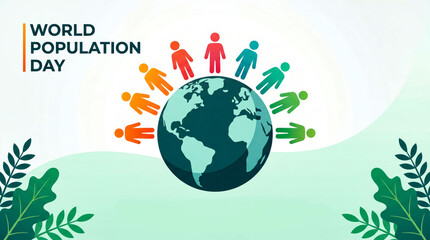 Naklejka premium World population day colorful icons surrounding globe with leafy background
