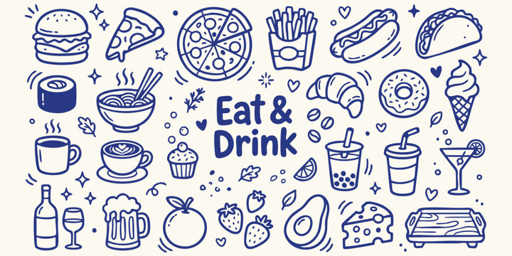 Hand drawn doodle food and drink illustrations with 'Eat & Drink' text on a cream background