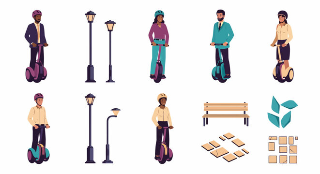 Diverse People Riding Electric Scooters and Segways in Urban Setting.