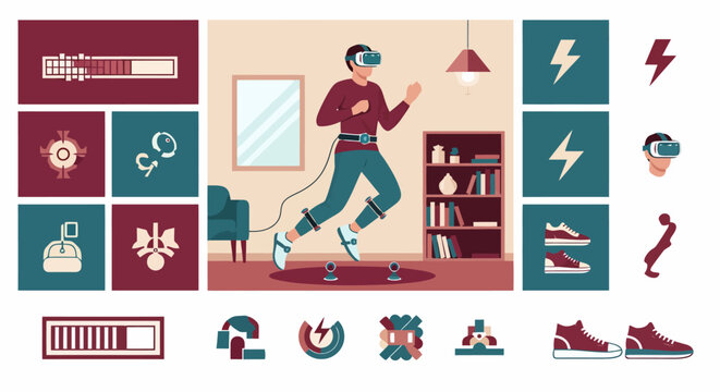 Man wearing VR headset running on treadmill at home.