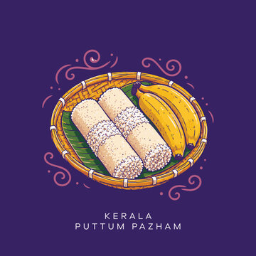 A vibrant and beautifully detailed vector illustration of Keralas beloved traditional breakfast combination Puttum Pazham steamed rice cake puttu served with ripe banana. The artwork features two cyli