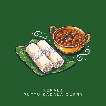 A rich and appetizing hand-drawn vector illustration of Kerala's most iconic breakfast combination &mdash; Puttu (steamed cylindrical rice cake) and Kadala Curry (black chickpea curry). The artwork features
