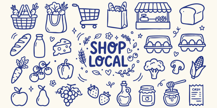 Hand drawn doodle icons of fresh groceries and a shop stall with organic produce for local commerce