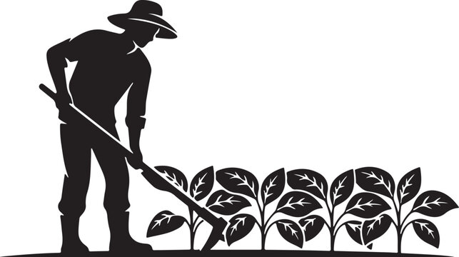 Silhouette of a farmer, hoeing plants in a garden gardening