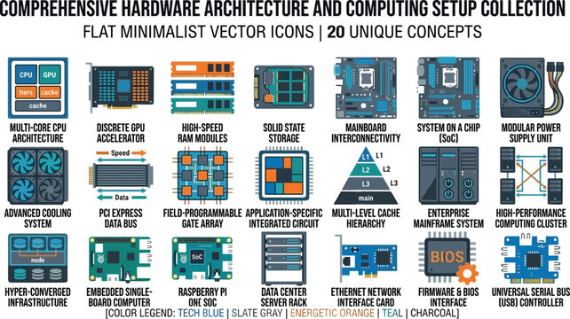 Comprehensive Computer Hardware Architecture and Server Infrastructure Icon Set with CPU Processors Motherboards RAM Modules SSD Storage Cooling Fans and Data Center Components