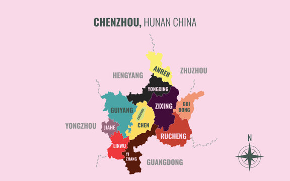 chenzhou hunan Prefacture into County in a minimalist colorful style map showing