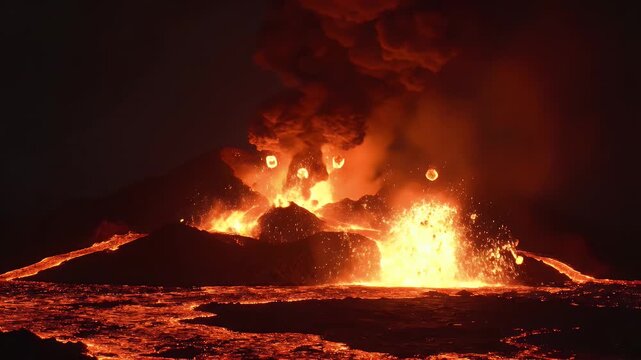 A volcanic eruption spews incandescent lava and ash into the dark night sky.
