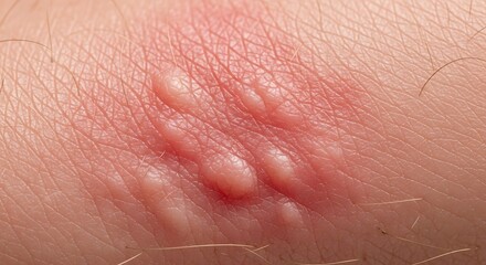 Fototapeta premium Close-up of a skin rash with small blisters and redness, indicating a possible allergic reaction or infection.