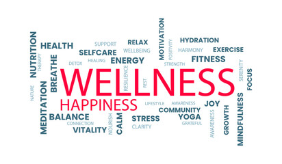 Fototapeta premium Wellness, health and happiness word cloud banner, Healthcare typography concept