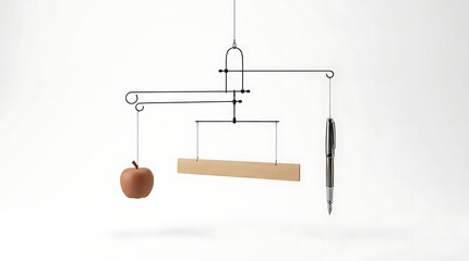 Fototapeta premium Minimalist hanging mobile balancing a metal apple, wooden block, and fountain pen representing education, law, and balance