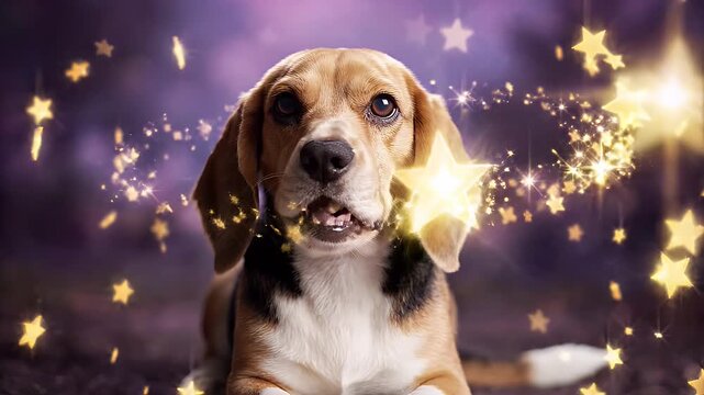 Adorable Beagle Dog Reaching for Magical Floating Stars - A cute beagle puppy is surrounded by numerous golden floating stars against a bokeh purple background.