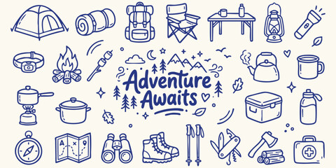 Fototapeta premium Hand-drawn camping gear and outdoor equipment icons set with 'Adventure Awaits' text on a cream background for travel concept