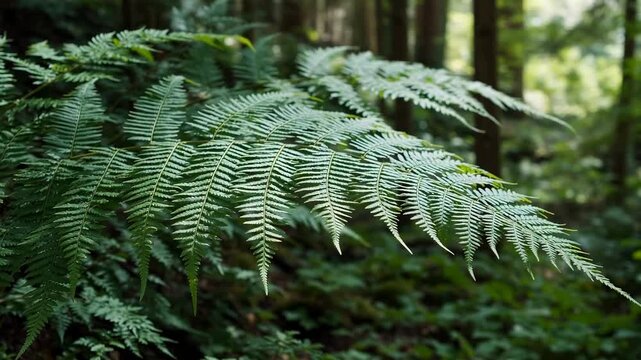 Close-up of lush green fern fronds swaying gently in a serene forest setting
