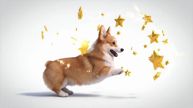 Cute Corgi Dog Chasing Golden Stars on White Background - A playful corgi dog leaps and chases bright golden stars that are floating against a clean, bright white background.