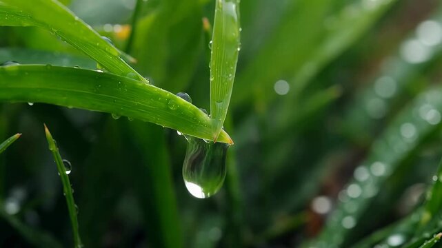 Close-up of a dewdrop clinging to a vibrant green grass blade, showcasing nature's delicate beauty and the interplay of light and water.