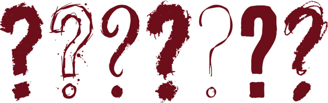 Question marks set featuring various hand drawn grunge ink styles isolated on a white background surface