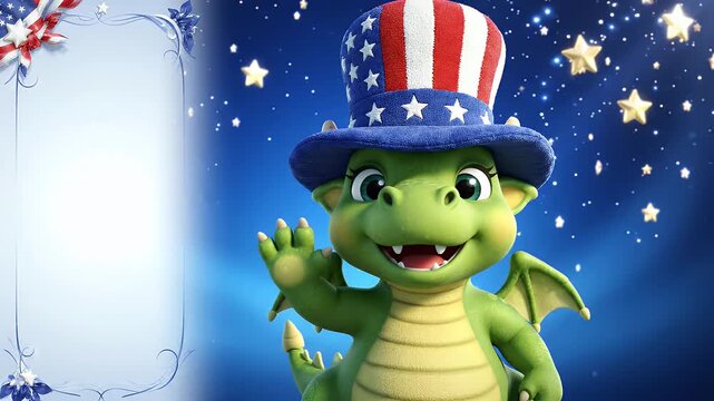 Cute Cartoon Dragon Wearing Uncle Sam Hat Waving Hello - A charming cartoon dragon dressed in a red, white, and blue Uncle Sam hat smiles and waves its paw, set against a starry night sky.
