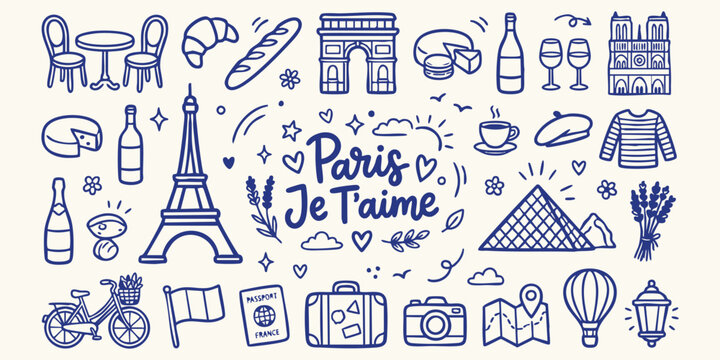 Parisian icons doodle collection with Eiffel Tower and Arc de Triomphe for travel concept in simple line art style