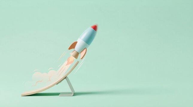 Concept of a business startup launch featuring a miniature wooden rocket ship on a white launcher platform