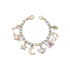 Fototapeta premium Watercolor charm bracelet with various whimsical trinkets