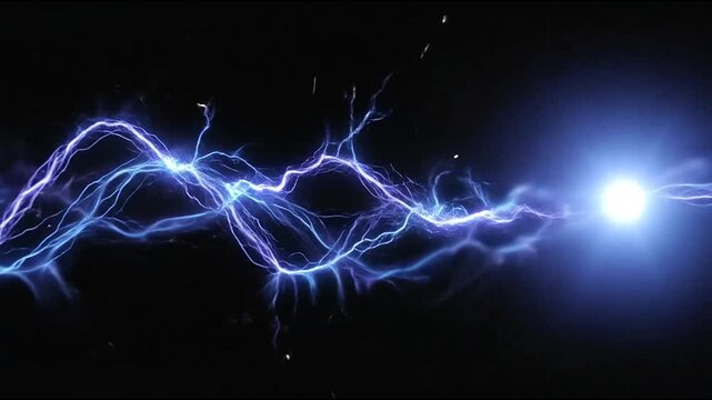 Blue electric energy beam with glowing orb on black background