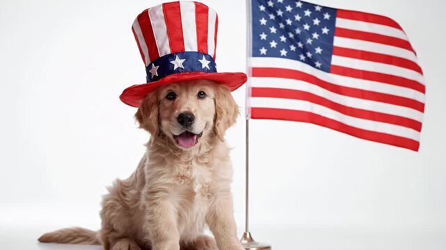 Patriotic Golden Retriever Puppy with American Flag - A cute, fluffy golden retriever puppy sits happily next to an American flag, wearing a festive Uncle Sam-style hat.