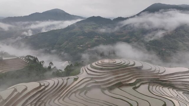 Aerial View of Hoang Su Phi Terraced Rice Fields During Water Season, Tuyen Quang, Vietnam