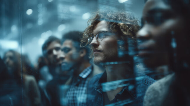 A diverse group of people in an elevator, looking ahead with a thoughtful and determined expression, reflecting the pace of modern life.