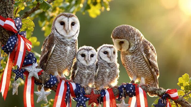 Cute Owl Family on Patriotic Decorated Tree Branch - A family of owls, including two adult owls and two owlets, sits on a tree branch adorned with patriotic ribbons and star decorations.