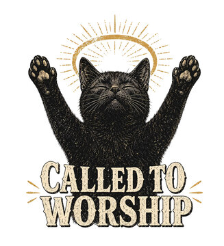 Funny Called to Worship Black Cat Vintage Graphic Tee Design with Halo and Paws Raised