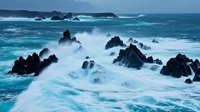 Powerful Ocean Waves Crashing Against Jagged Black Rocks in a Stormy Coastal Landscape