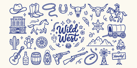 Fototapeta premium Whimsical hand-drawn wild west icons and elements on a textured background representing frontier life and cowboy culture