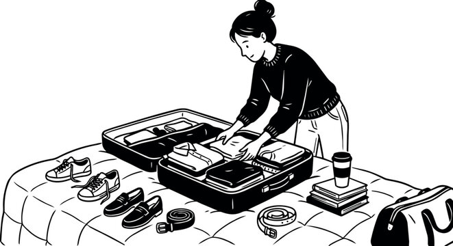Woman packing clothes and accessories into an open suitcase on bed
