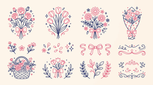 Elegant hand-drawn floral arrangements and decorative elements in pink and blue line art style, perfect for vintage designs.