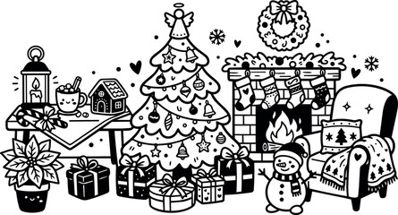 Fototapeta premium Christmas festive living room with decorated tree, fireplace, gifts, and holiday decor