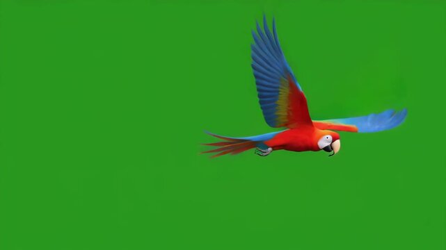 Macaw Parrot Flying Sequence Against Green Screen With Natural Wing Motion