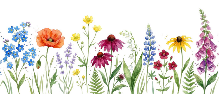 Artistic Botanical Illustration Depicting a Harmonious Line of Multicolored Wildflowers Highlighting the Beauty Variety and Elegance of Nature in a Fresh Minimalist Layout