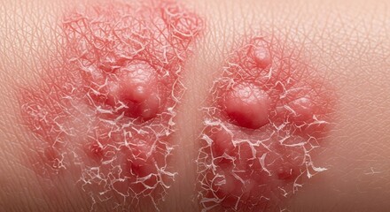 Fototapeta premium Close-up of psoriasis on skin with red, scaly patches and raised bumps, showing inflammation and irritation.