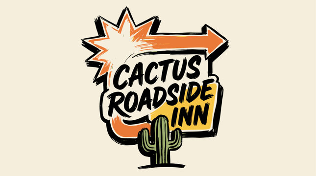 Cactus roadside inn vintage sign. Desert motel graphic print. Retro travel illustration.