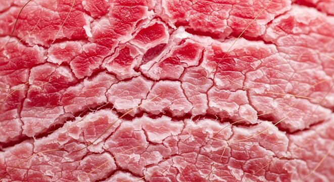 Close-up of raw red meat texture with visible cracks and fibrous details, showcasing its natural patterns and rich color.