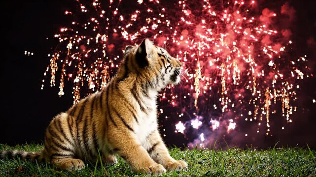 Adorable Tiger Cub Watches Colorful Fireworks Display - A young, cute tiger cub sits on a grassy field, looking up in awe at a vibrant display of red and gold fireworks exploding in the night sky.