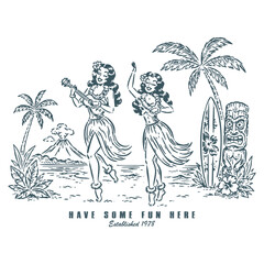 Vintage Hawaiian Hula Dancer and Ukulele Player Engraving on Tropical Beach with Tiki Statue and Volcano © purify