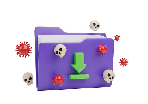 Purple digital folder icon with green download arrow and red virus and skull symbols