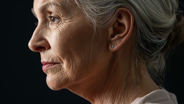 Profile portrait of an elderly woman with silver grey hair