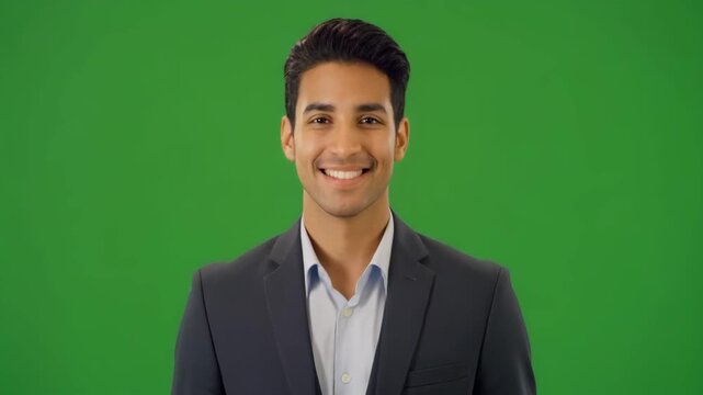 Man in Suit Smiling Against Green Screen Background Cinematic Motion
