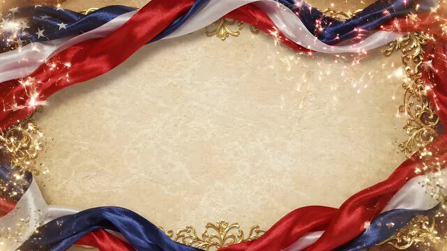 Elegant Patriotic Border with Fireworks and Silk Ribbons - A decorative frame features flowing red, white, and blue silk ribbons intertwined with ornate gold accents and subtle fireworks.