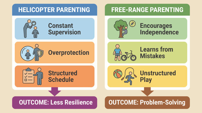 Helicopter Versus Free-Range Parenting Styles Comparison Infographic