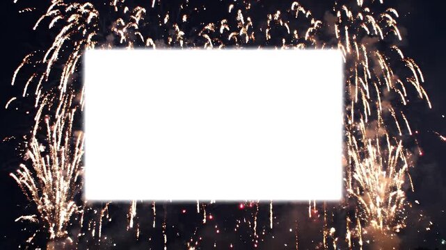 Festive Firework Burst With White Copy Space - A vibrant firework display illuminates the night sky, creating a dazzling frame around a blank white space.