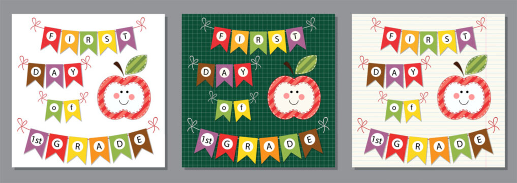 First Day of 1st Grade Pennant Banner Set with Cute Apple and Colorful School Flags, Back to School Celebration Vector Collection