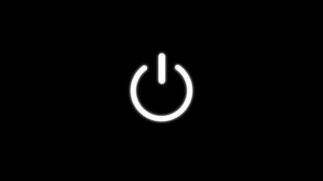 Glowing white power button centered on a solid black background for digital interface and technology user experience concepts